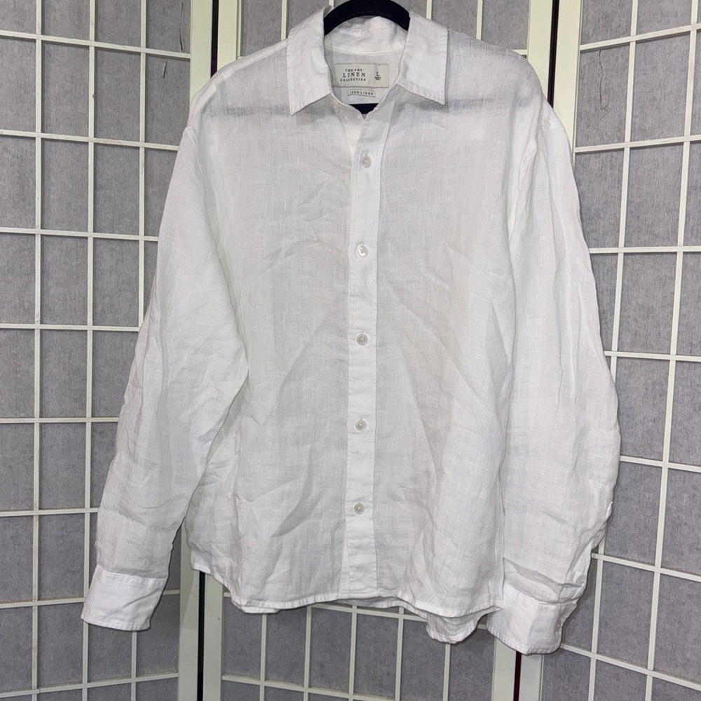 Abercrombie & Fitch White Linen Woven Long Sleeve Band Collar Button-Up Shirt Lg